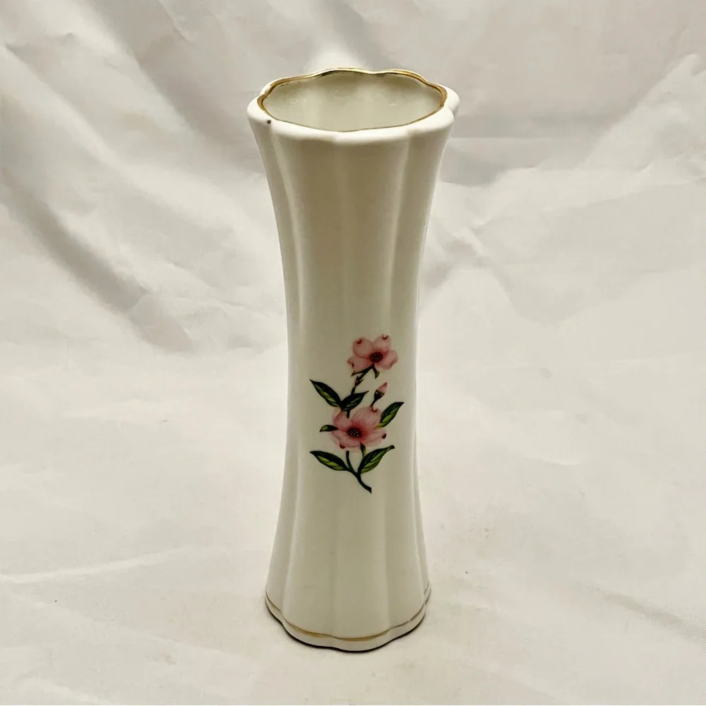 Lefton Bud Vase China Hand Painted Pink Dogwood Flowers #06219, Vintage 1987